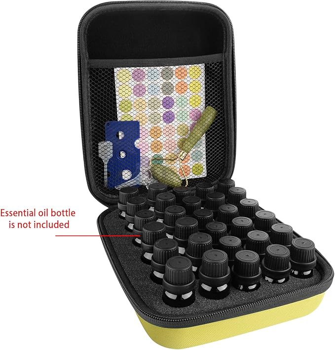 LUEXBOX Essential Oil Storage Case/Essential Oil Carrying Case/Essential Oil Case [Multiple Sizes] + Jade Roller for Face & Oil Opener & Stickers & Funnel & Transfer Pipette (yellow)