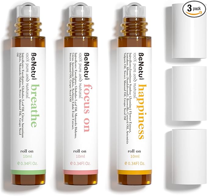 Benatu Essential Oil Blends Set (Breathe, Focus on, Happiness), Natural Aromatherapy Roll On for Massage, Body Skin Care, Home - Natural Fragrance Gift Roller for Women and Men