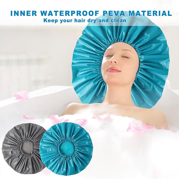 Jumbo Size Shower Cap 2 PCS Waterproof Shower Caps for Women, Extra Large Shower Cap, Reusable Super Large Bath Caps Hair Cap for Long Thick Curly Hair, Locs, Twist Braids - Grey+Blue-Green