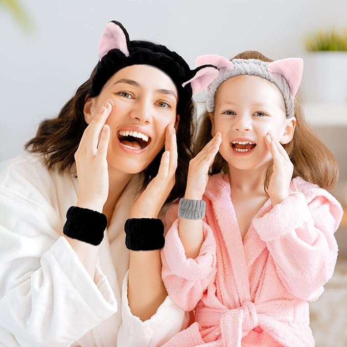 AMCAMI 6 Pcs Spa Set, Cute Make Up Cat Ears Headband Plush Animal Makeup Skincare Headbands with Face Washing Wristband for Women