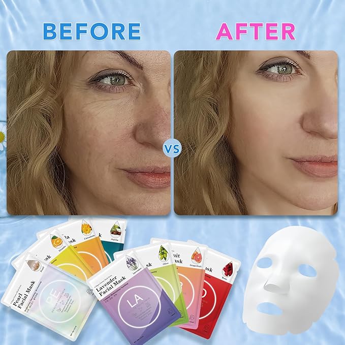 48 Packs Collagen Essence Sheet Facial Masks, Plant Extract and Sodium Hyaluronate, Skincare for All Skin Types, Moisturizing and Soothing, Natural Skin Care Spa Korean Face Mask