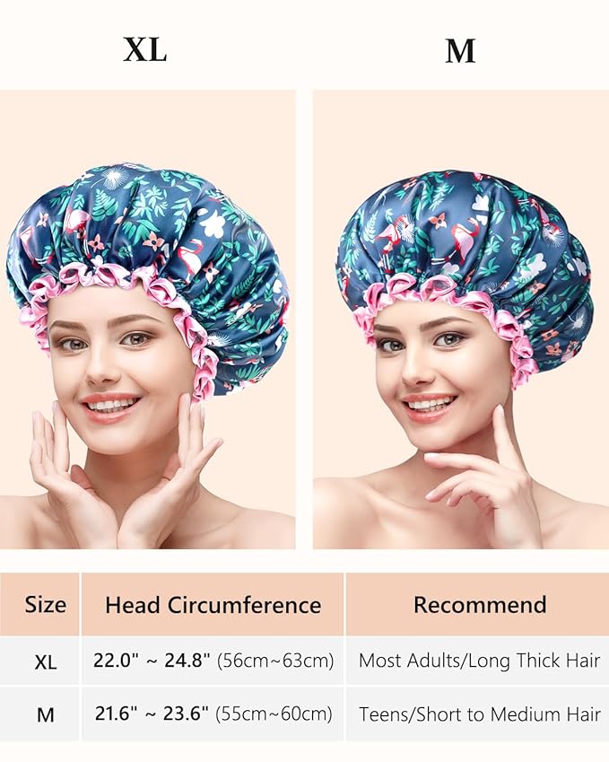 mikimini Large Shower Cap for Women Long Hair, 2 Pack,Flamingo Shower Caps with Pink Lace, Double-layer Waterproof, Reusable, Washable,X-Large (Pack of 2)