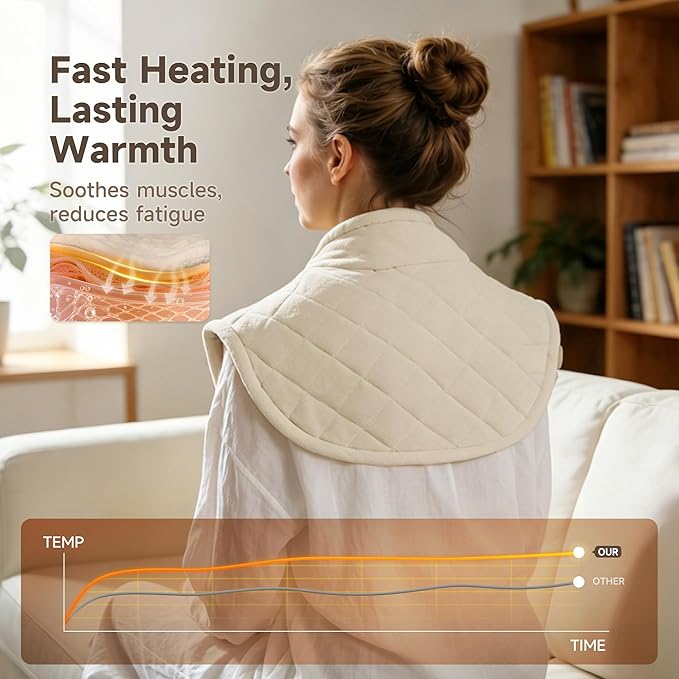 GOTCOZY Heating pad for Neck and Shoulders Pain Relief-Heat Wrap pad with Deep Penetrating Heat, 3H Auto Shut Off, 6 Heat Settings, 22"x23" Size, Ideal Gift for Women, Men, Elderly (Beige)