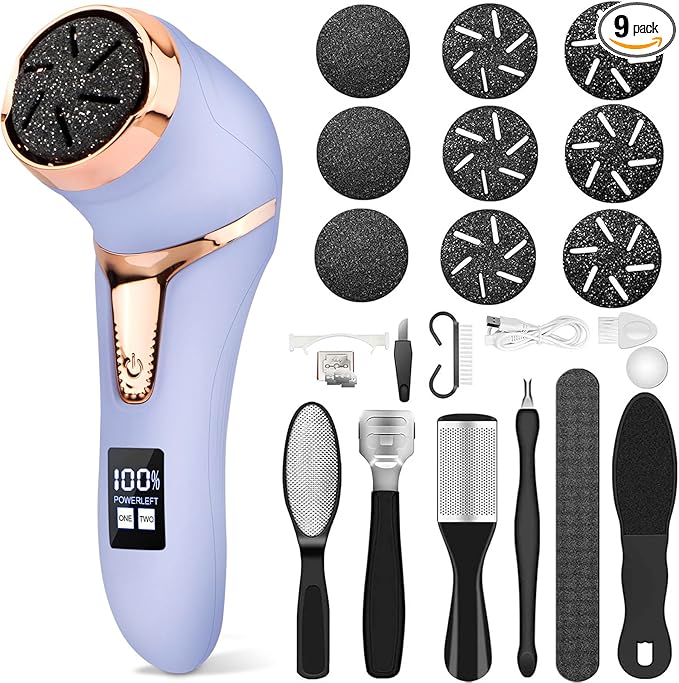 Electric Callus Remover for Feet, Portable Pedicure Kit Foot File Callus Remover, Rechargeable Waterproof Foot File for Foot Care Deadskin Remover with 9Head&LCD Display, Purple