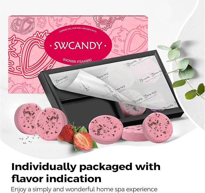SWCANDY Shower Steamers Aromatherapy Birthday Gifts for Women Travel Essentials, 8 Pcs Strawberry, Bath Bombs Shower Bombs with Natural Essential Oils, Relaxation Home SPA