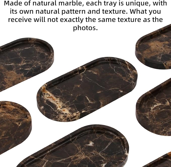 Natural Marble Tray Oval, Bathroom Vanity Tray for Countertop, Elegant Stone Decorative Organizer for Perfume, Jewelry, Home Decor (1, Dark Brown, 10 x 5 x 0.6)