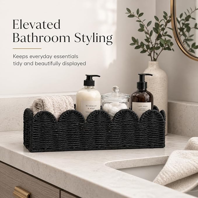 Scalloped Toilet Tank Basket for Back of Toilet, Black Wicker Bathroom Tray for Toilet Paper Storage, Bathroom Organizer for Tank Top, Countertop & Small Spaces