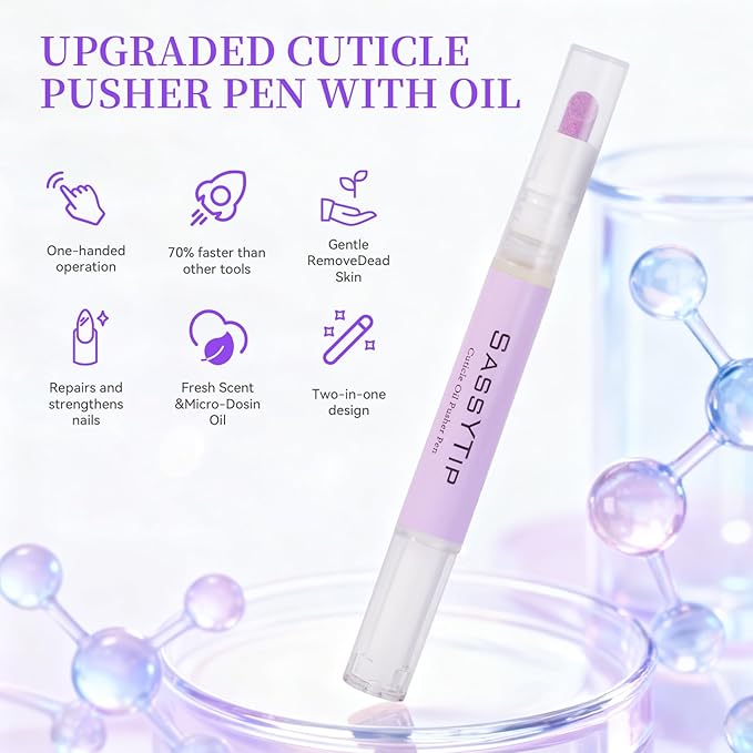 Ceramic Cuticle Pusher & Oil Pen, 2ml Rose/Lavender/Fragrance Free Scented Nail Care Pen, Gentle Cuticle Remover for Dry & Damaged Nails, Moisturize Strengthen Brighten (Purple&Gel)