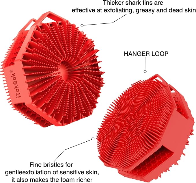 iTokGoK® Silver-Infused 2-in-1 Silicone Body Scrubber, Double-Sided Design Body Brush Silicone Body Scrubber Exfoliating Body Brushes for All Skin for Showering, Lathers Well- Red