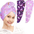 FIOBEE Microfiber Hair Towel Wrap for Kid Rapid Drying Towel Absorbent Hair Turbans for Wet Hair with Button Women Girls Long Curly Hair Pack of 2, Purple