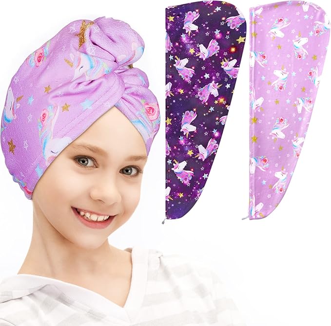 FIOBEE Microfiber Hair Towel Wrap for Kid Rapid Drying Towel Absorbent Hair Turbans for Wet Hair with Button Women Girls Long Curly Hair Pack of 2, Purple