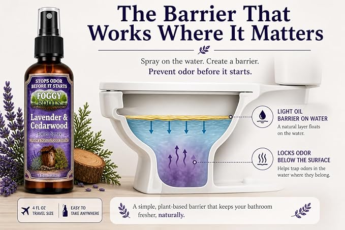 Lavender & Cedarwood Toilet Spray — Stops Odor Before It Starts, Pre-Poop Bathroom Spray, Natural Odor Barrier, 4 oz (200+ Uses), Travel Size