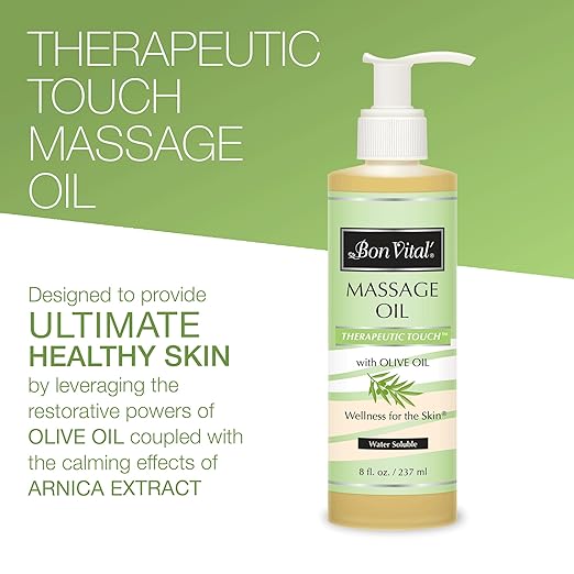 Bon Vital' Therapeutic Touch Massage Oil, 8oz Pump, Unscented Massage Oil for Massage Therapy With Olive Oil, Lightweight Non-Greasy Formula, Professional-Grade for Dry Skin and Sore Muscles