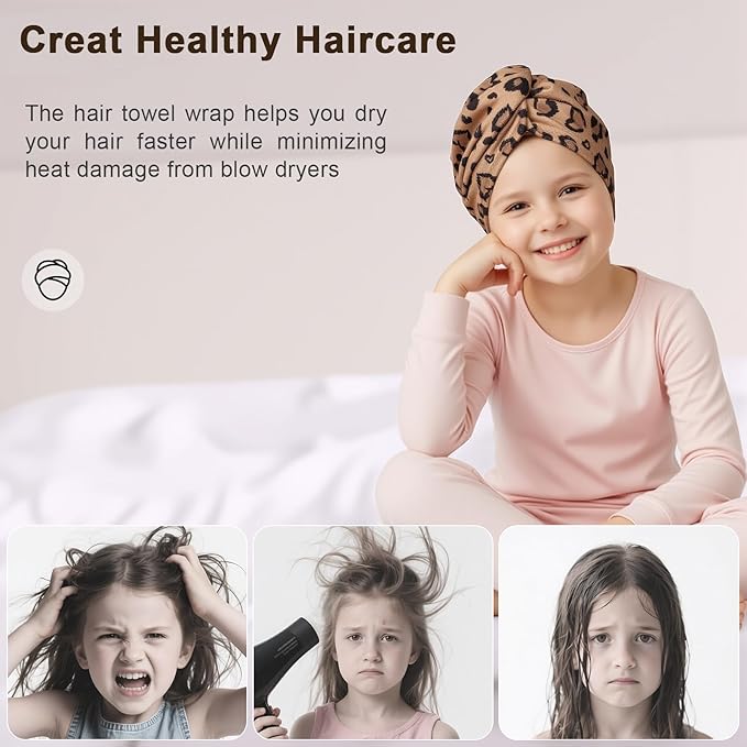 Unicorn Castle Microfiber Hair Towel for Kids 2Pack Hair Wrap Towels Absorbent Hair Drying Towel Wrap Hair Turbans for Curly Thick Hair,Brown Leopard Heart