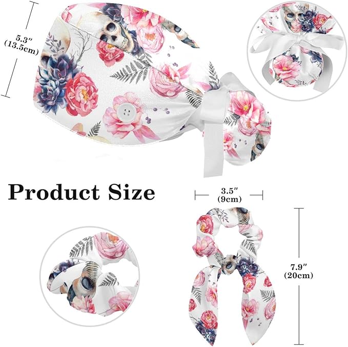 Ethnic Aztec Pattern Adjustable Scrub Cap Hat with Button, Working Hat Sweatband with Bow Hair Scrunchy for Woman