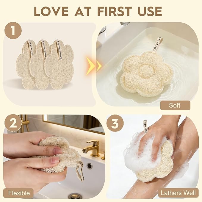Natural Loofah Exfoliating Body Scrubber Made with Natural Egyptian Shower Loofah Sponge Travel Loofah Sponge for Women & Men with an Adhesive Hook (3 Packs)