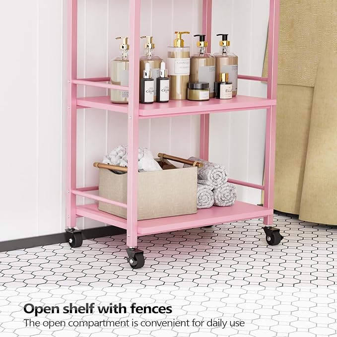 OmySalon Salon Trolley Cart with Wheels, Esthetician Cart with 1 Drawer & 2 Trays, Mobile Storage Organizer for Beauty Spa Massage Tattoo Esthetic Facial Tool Holder Station, Pink