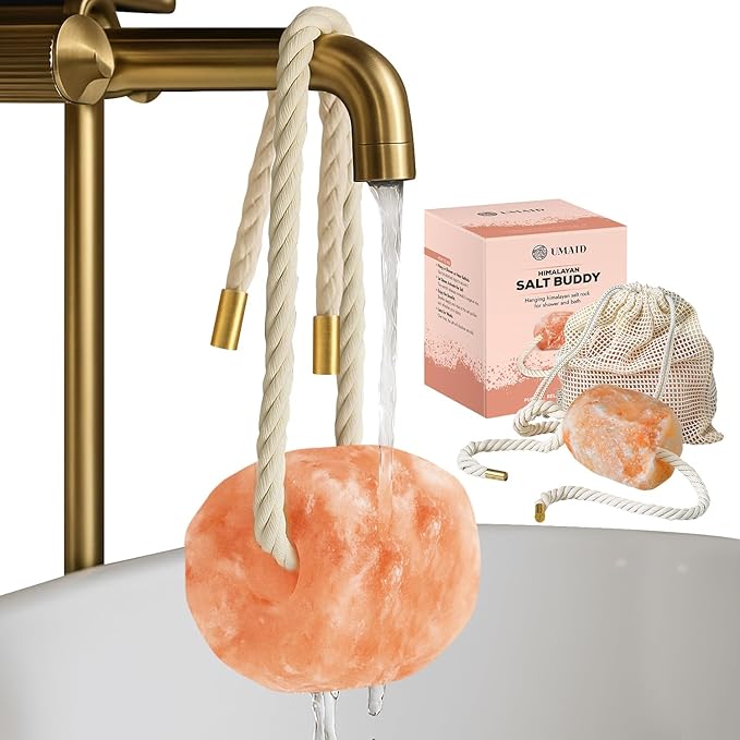 UMAID Himalayan Pink Salt Rock for Shower & Bath – Salt Buddy™ 2 lb Hanging Mineral Rock, Mothers Day Gifts for Mom, Wife, Daughter, Solid Himalayan Stone for Spa-Inspired Relaxation & Self-Care