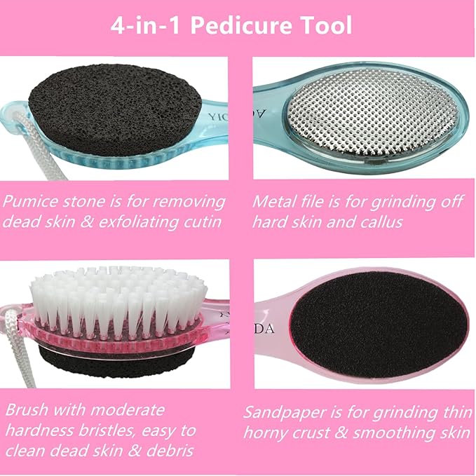 Foot File Callus Remover 4-in-1, Feet Scraper Pedicure Tools with Pumice Stone, Scrubber Brush, Foot Rasp and Sand Paper, Double Sided Multi Purpose, Clear Pink and Blue