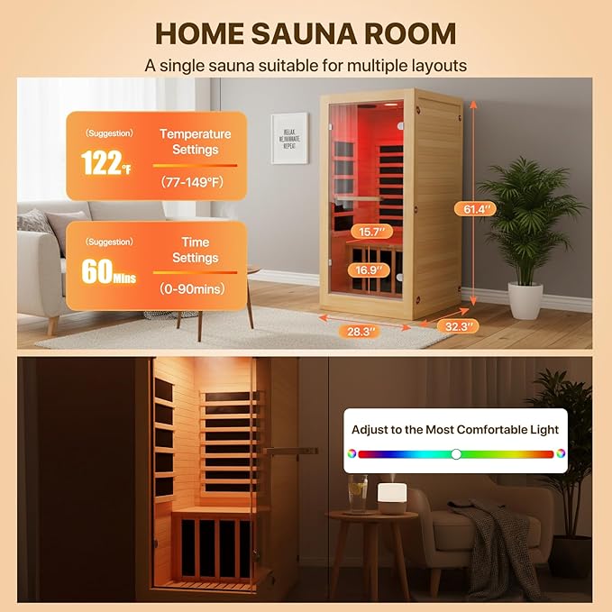 OUTEXER Infrared Sauna Room Indoor Saunas Home Obeche Wood 900W Low-EMF Dry Saunas Single Person Spa with 7 Color Light 32.3 * 28.3 * 61.4 inch