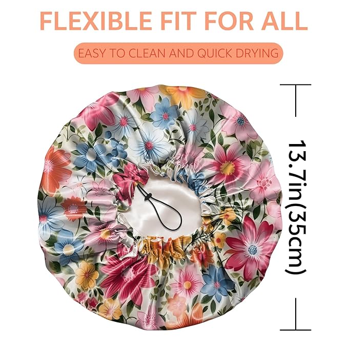 Shower Cap Reusable Double Layer Adjustable Elastic Waterproof EVA Hair Bath Caps for Women Girls Cute Aesthetic-Flowers