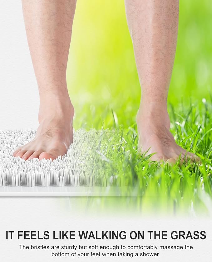 OTHWAY Non Slip Grassy Bathtub Mat : 25.6X13.4 Inches Sturdy But Soft Bath Mat_Quick Drain Shower Floor Mat with Soft Bristles for Scrubbing Feet (White)