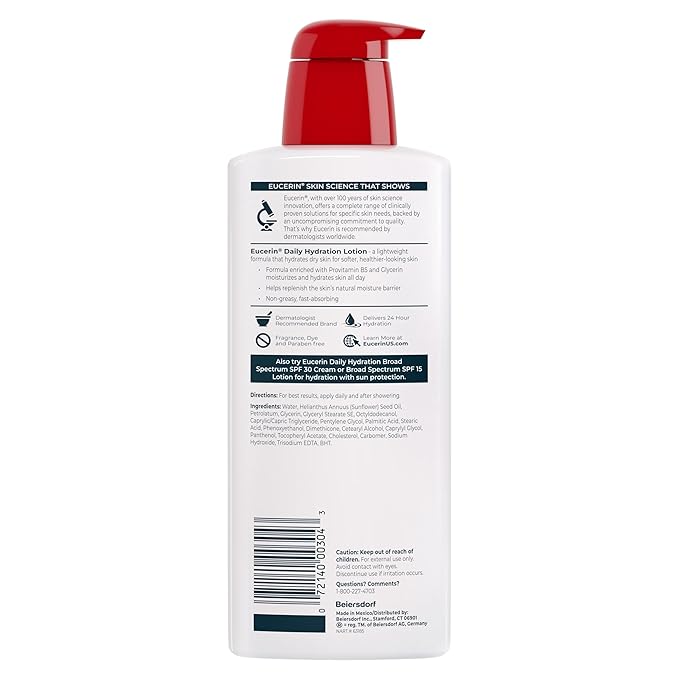 Eucerin Daily Hydration Body Lotion for Dry Skin, Unscented Body Moisturizer, Mothers Day Gifts, 16.9 Fl Oz Bottle, Pack of 3