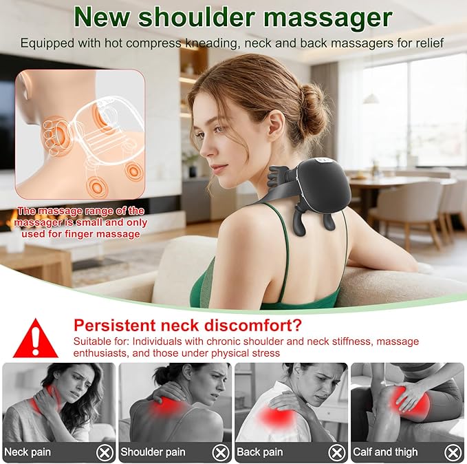 Nooydio Neck Massager, Neck and Back Massager with Heat & 4D Kneading, Shiatsu Deep Tissue Wireless Massager for Shoulder Cervical Pain Relief, Portable Rechargeable for Home Office (Black)