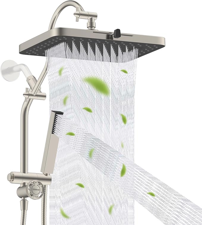 Hibbent 13'' cUPC Certified Shower Head Combo, High Pressure 5-spray Rainfall Showerhead, Stainless Steel 4 Sprays Handheld, All Metal 4-way Diverter Extension Arm, 71'' Hose & Holder, Brushed Nickel