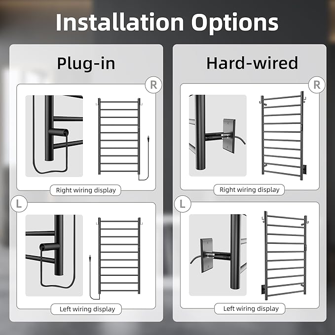 P&Dlusir Towel Warmer, Heated Towel Rack with Smart Timer and Thermo Control, Wall-Mounted Heated Towel Rail, Stainless Steel, Hard-Wired/Plug-in, Matte Black, 10 bar
