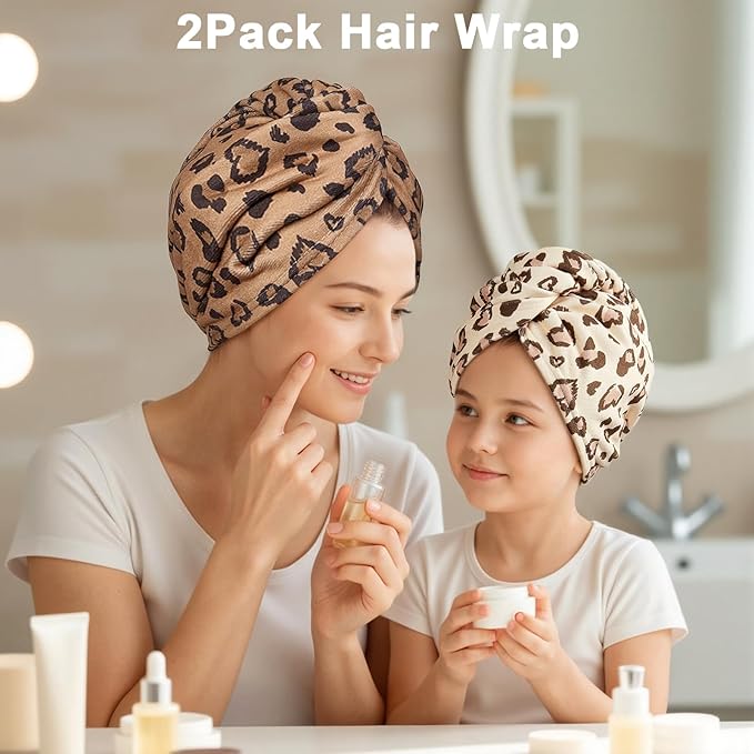 Unicorn Castle Microfiber Hair Towel for Kids 2Pack Hair Wrap Towels Absorbent Hair Drying Towel Wrap Hair Turbans for Curly Thick Hair,Brown Leopard Heart