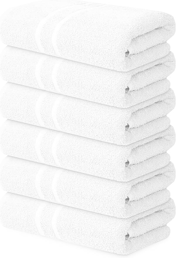 Basic Medium Bath Towels 24x48 Inches – Pack of 6 – White Color – Soft and Absorbent Multipurpose Cotton Towels for Bathroom, Spa, Gym, Salon, Hotel, Clinics and Everyday Use