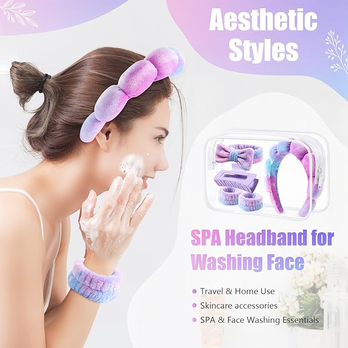 Giesiery SPA Headbands and Wristband Set for Face Washing with Clear Bag Cute Skincare Makeup Headband Wrist Bands Hair Clips for Women Teenage Girls Gifts Trendy Stuff Tie-dye Purple