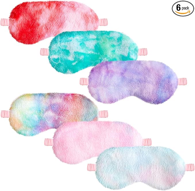 Cuffbow 6 Pack Plush Sleep Mask Set, Cute Plush Eye Masks for Sleeping, Soft Comfortable Travel Nap Blindfold, Sleepover Party Favors for Women(Tie Dye,Colorful)