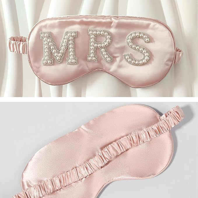 Bride Sleep Mask, Bride Eye Mask, Mrs Satin Bridal Eye Maskes Soft Sleep Maskes for Honeymoon Travel Meditation, Mrs Pearl Bridal Gifts to Adjust Night Sleeping, Sleeping Masks for Wedding (Pink-Mrs)