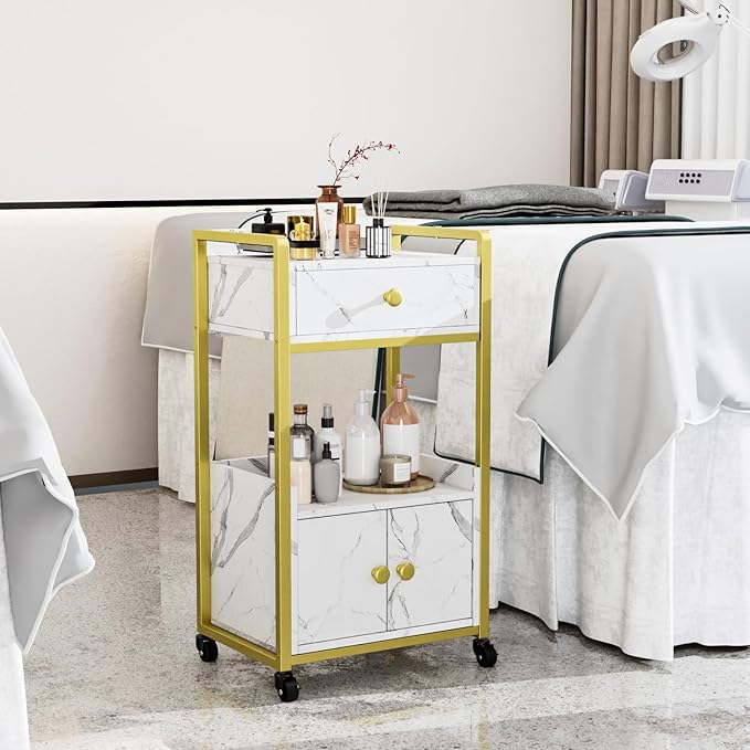OmySalon Salon Trolley Cart, Esthetician Cart with Wheels & 1 Drawer Cabinet, Hair Stylist Cart for Beauty Spa Massage Tattoo Esthetic Facial Tool Holder Station, White Marble