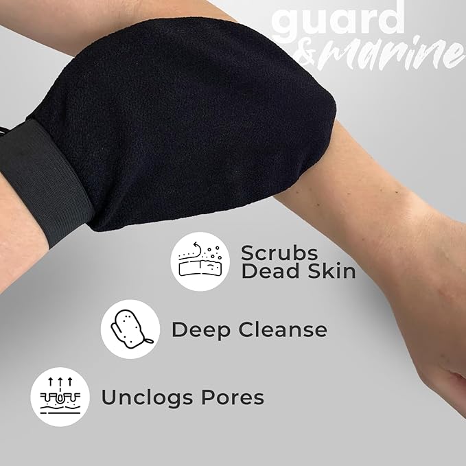 GUARD&MARINE Korean Exfoliating Mitts – Authentic Kessa Gloves Inspired by Turkish & Moroccan Hammam – Deep Body Scrubber for Dead Skin Removal, Tan Prep & KP – 2-Pack Shower Mitts