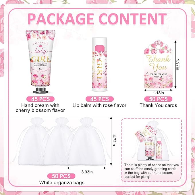 VISCOO 45 Sets Baby Shower Hand Cream and Lip Balm Gifts, Baby Shower Party Favors for Guests, Hand Cream Set for Bridal Wedding Thank You Gifts with Card Organza Bag, Travel Size (Girl)