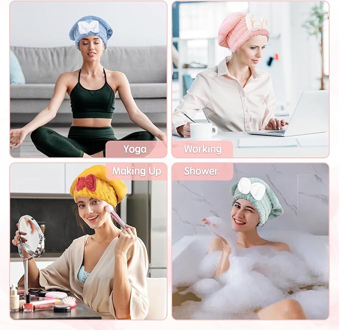 Microfiber Hair Drying Caps, 5-Pack Extra Soft and Ultra Absorbent Fast-Drying Hair Turban Wraps, Shower Caps for Girls and Women with Cute Bowtie Design（11" L x 10" W）