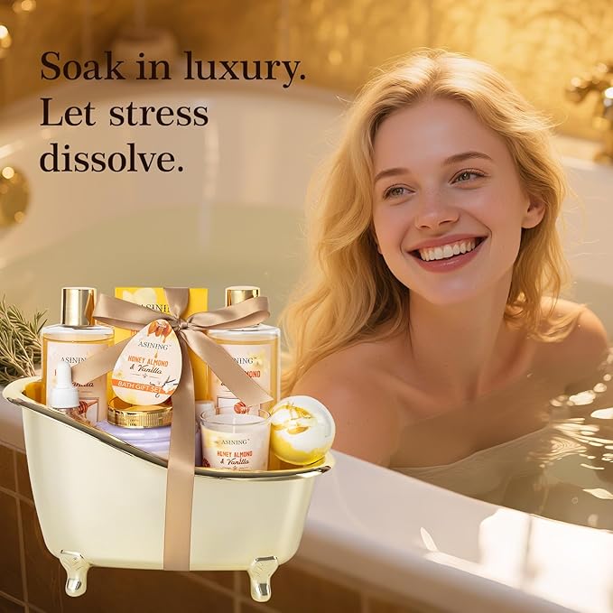 Spa Gift Baskets For Women and Men, Home Luxury Scents Honey Almond Bath Sets for Women Gift, Spa Set Spa Basket with Body Lotion, Lip Balm & More Bath Gift Set Best Gift for Her, Bath Kits Gifts