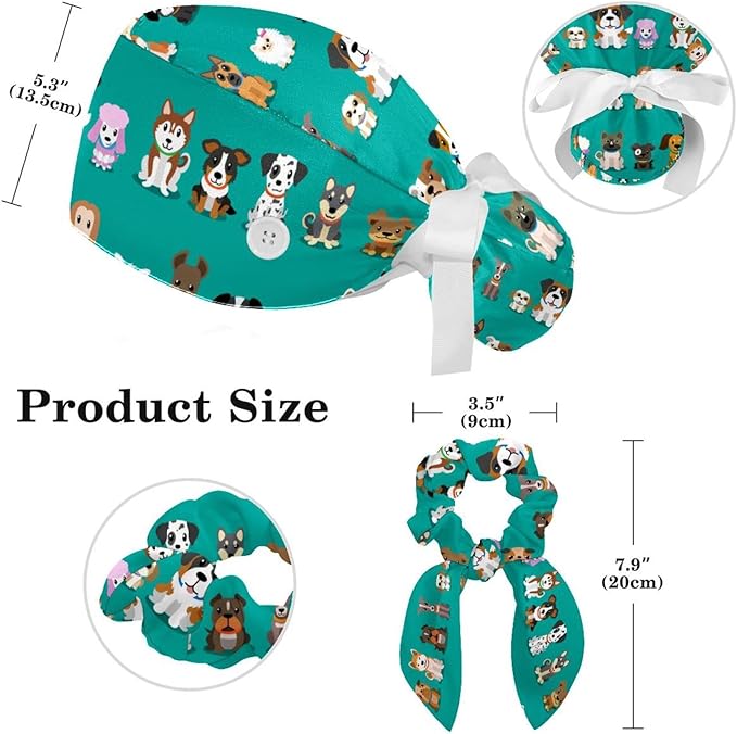 Ethnic Aztec Pattern Adjustable Scrub Cap Hat with Button, Working Hat Sweatband with Bow Hair Scrunchy for Woman