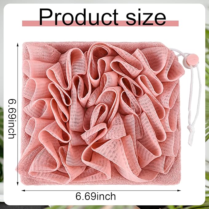 3 Pcs Washcloth Loofah Combo, 2 in 1 Bath Loofah Sponge with Drawstring, Exfoliation Mesh Shower Puff Ball for Body Wash Cleansing and Smooth Skin (Pink Beige Green)
