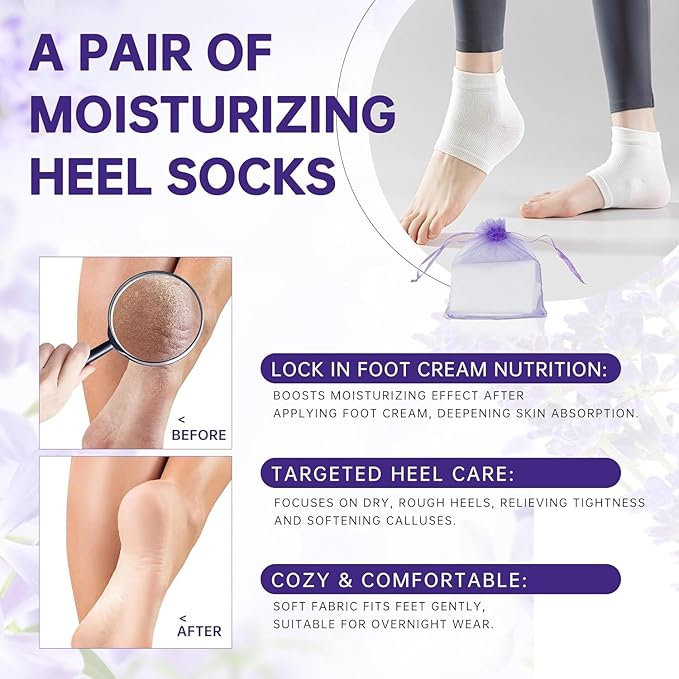 Lavender Foot Soak Set – Foot Spa Kit for Women, Pedicure Kit at Home with Salt, Scrub, Foot File & Moisturizing Gel Socks – Spa Gift Set for Dry, Cracked Feet