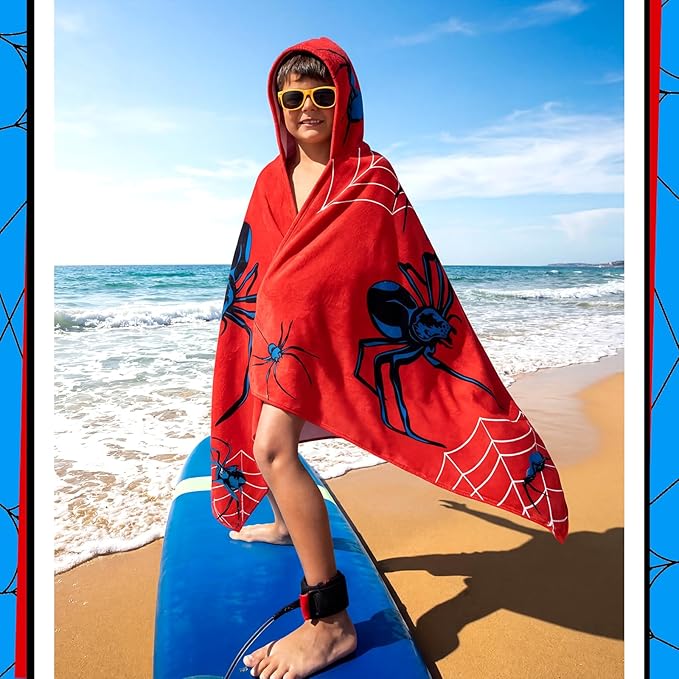 Peryiter 1 Pcs Spider Hooded Bath and Beach Towel 100% Cotton Pool Towels Wearable Bath Poncho Wrap for Swimming Shower Pool Travel Trips Vacations Cozy Absorbent Soft Beach Blanket