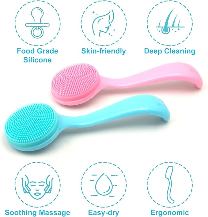 HINZIC 4 Pack Silicone Manual Facial Cleansing Brush, Skin Friendly Waterproof Face Cleaning Scrubber Exfoliator Cleanser for Blackheads Whiteheads Makeup Residues Removal- 2 Blue & 2 Pink