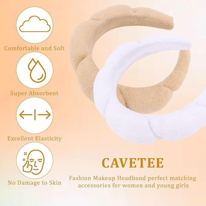CAVETEE Spa Headband for Face Washing - Terry Cloth Puffy Makeup Headband Set of 2 (Beige & White, one size)