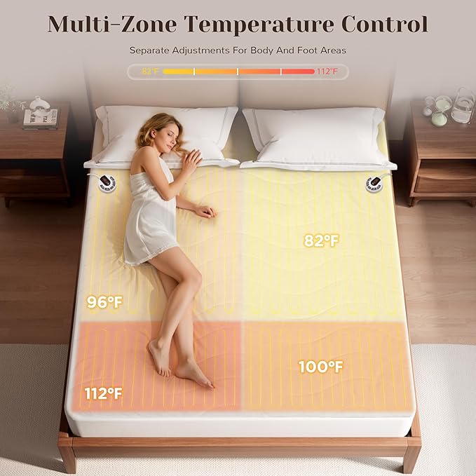 GOTCOZY Multi-Zone Heated Mattress Pad King Size - Electric Mattress Pad Fit up to 15" with 10 Heat Setting & 12 Hour Auto Off, Independent Body & Feet Heating, Machine Washable（Bleach）