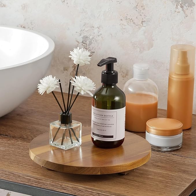 Small Round Decorative Tray Acacia Wood Bathroom Counter Organizer Pedestal Stand Farmhouse Kitchen Decor Wooden Riser for Soap Dish, Perfume, Candle, Sponge, 9"