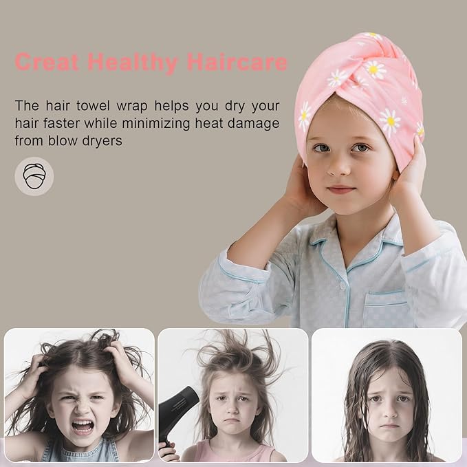 Unicorn Castle Microfiber Hair Towel for Kids 2Pack Hair Wrap Towels Absorbent Hair Drying Towel Wrap Hair Turbans for Curly Thick Hair, Purple Pink Daisy