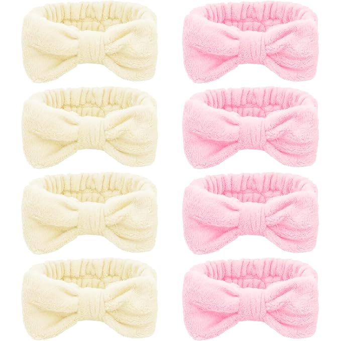 Ondder Spa Skincare Headband for Women - Pink & Beige Bow Design, Makeup & Face Wash Hair Band,8 Pack